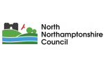 A graphic displaying the North Northamptonshire Council Logo, featuring black castle turrets, green hills, a blue river and red bird, on a plain white background. Next to the logo, it reads 'North Northamptonshire Council' in bold black text.