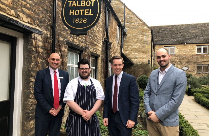 Tom visiting an apprentice at the Talbot Hotel, Oundle