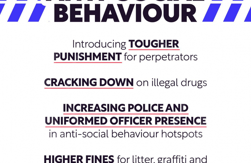 Poster which states: Plan for anti-social behaviour. Introducing tougher punishment for perpetrators. Cracking down on illegal drugs. Increasing police and uniformed officer presence in anti-social behaviour hotspots. Higher fines for litter, graffiti and fly-tipping. Launching a new tool for the public to report anti-social behaviour.