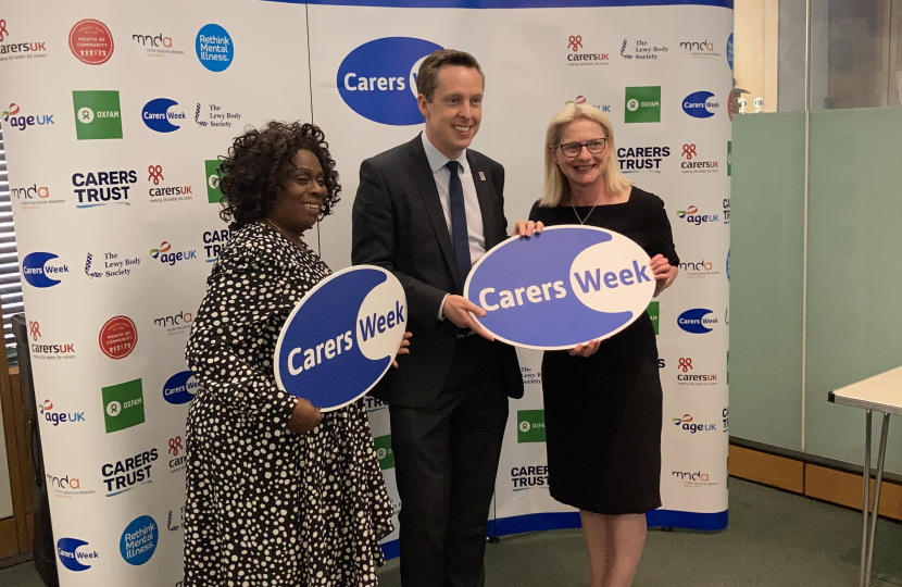Tom Pursglove MP at the Carers Week drop-in event this week with Helen Walker, Chief Executive of Carers UK on his right, and Margaret, one of the carers invited to Carers UK to the event, on his left.
