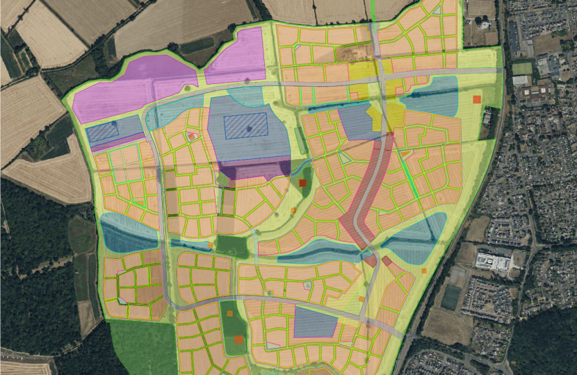 The proposed area of development for Corby West, on a satellite map view.