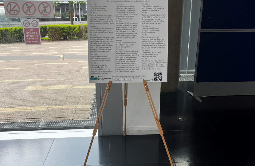 Photograph of an info-graphic board in Corby Cube which provide information on the outcome of the consultation. The photo is not of good enough quality to read the info-graphic board.