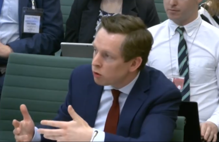 Tom Pursglove MP in his role as Minister for Legal Migration and the Border answering a question at the DCMS Select Committee 