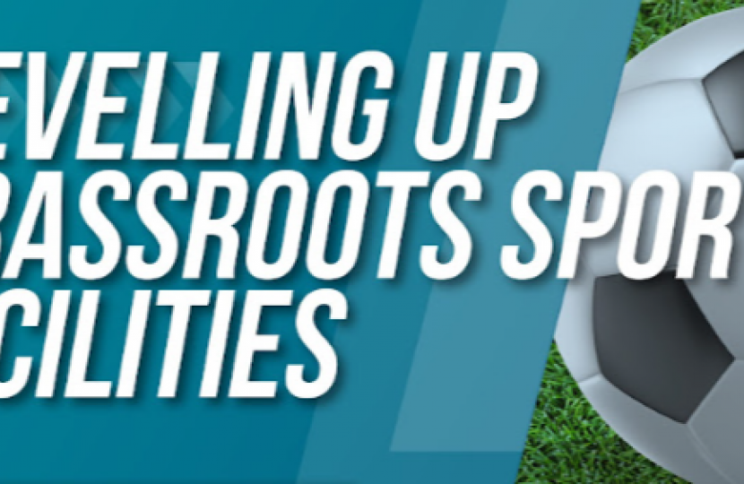 A graphic with a football-themed background, reading 'Levelling up grassroots sports facilities.' 