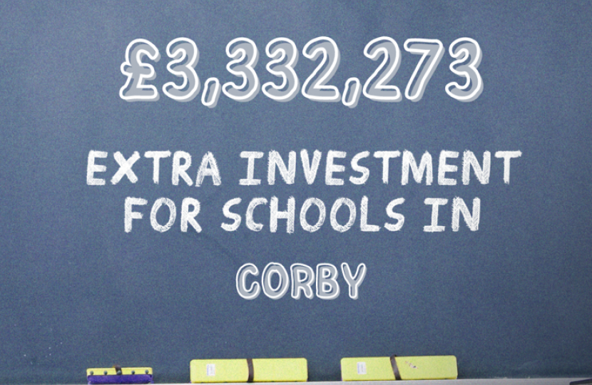 Blue info-graphic which reads '£3,332,273 extra investment for schools in Corby'.