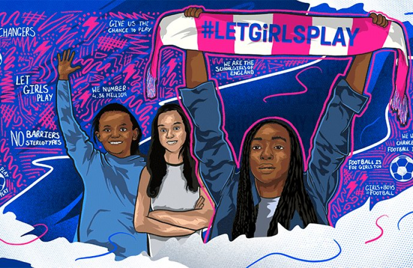 Drawing of three young girls, one is holding a football scarf with the slogan 'Let Girls Play' on it. 