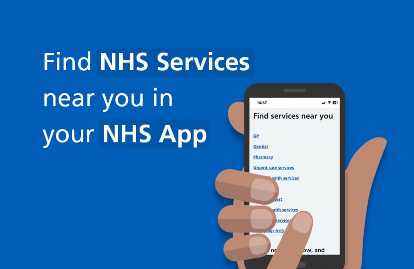 Blue info graphic which reads: Find NHS services near you in your NHS app. There is a graphic hand holding a phone looking at the NHS app.