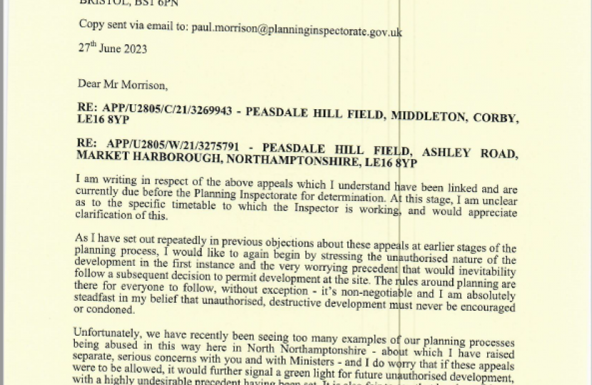 Image of Tom Pursglove MP's objection letter on headed House of Commons paper. The full letter can be found in PDF format below. 