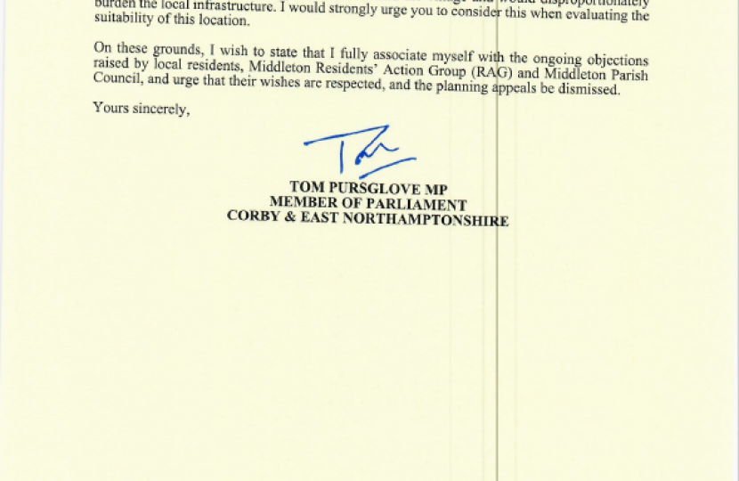 Image of Tom Pursglove MP's objection letter on headed House of Commons paper. The full letter can be found in PDF format below.