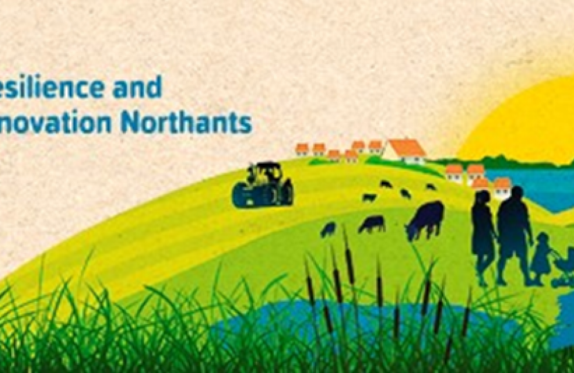 Info graphic which depicts a sunset over rolling country side with people walking, animals grazing and tractors. Included are the contact details for RAIN - rainnorthants.co.uk, Twitter - RAIN_Northants, Facebook - RAINnorthants, LinkedIn - RAIN_Northants.
