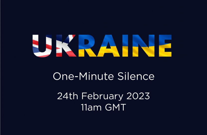 A graphic providing information as we mark one year since President Putin's invasion of Ukraine. The emboldened word 'Ukraine' contains the colours of the Union Flag and the Ukrainian Flag on a navy-coloured background. The rest of the graphic reads: 'One-minute silence, 24th February 2023, 11am GMT.'