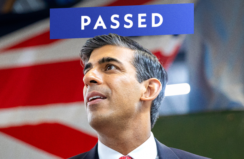 Picture of the Prime Minister, Rishi Sunak MP, in front of a Union Flag with the text 'Windsor Framework Passed'