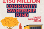 A graphic which reads '£150 million community ownership fund - saving community assets.' The graphic features images of trees and a community centre building.