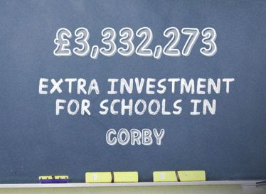 Blue info-graphic which reads '£3,332,273 extra investment for schools in Corby'.