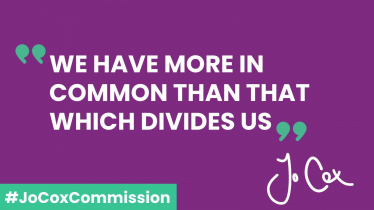 "We have more in common than that which divides us" - Jo Cox quote on purple background, which hashtag JoCoxCommission