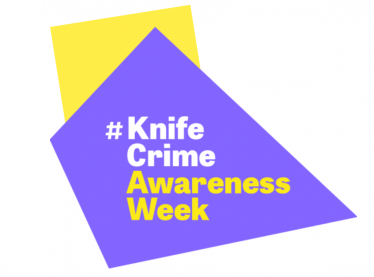 Info-graphic which reads: #Knife Crime Awareness Week. There is a purple kit shape behind the wording and a yellow square behind that.