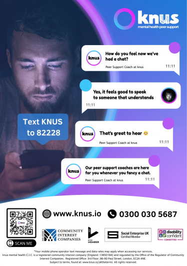 Graphic which says 'Text KNUS to 82228' with a picture of a man on their phone in the background.
