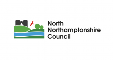 A graphic displaying the North Northamptonshire Council Logo, featuring black castle turrets, green hills, a blue river and red bird, on a plain white background. Next to the logo, it reads 'North Northamptonshire Council' in bold black text.