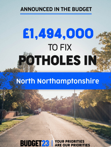 Info-graphic which reads 'Announced in the Budget, £1,494,000 to fix potholes in North Northamptonshire'. There is a sunlit photo of a road in the background