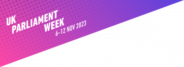 UK Parliament Week info graphic which reads "UK Parliament Week 6-12 Nov 2023" using white writing on a pink background.